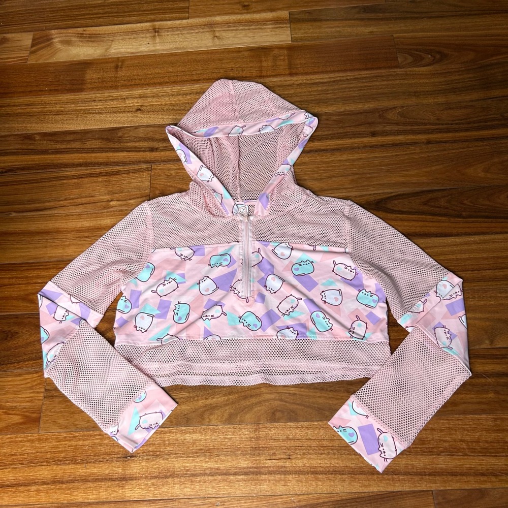 Pusheen the Cat Womens Pink Mesh Cropped Hoodie Quarter Zip Pastel Medium 2017